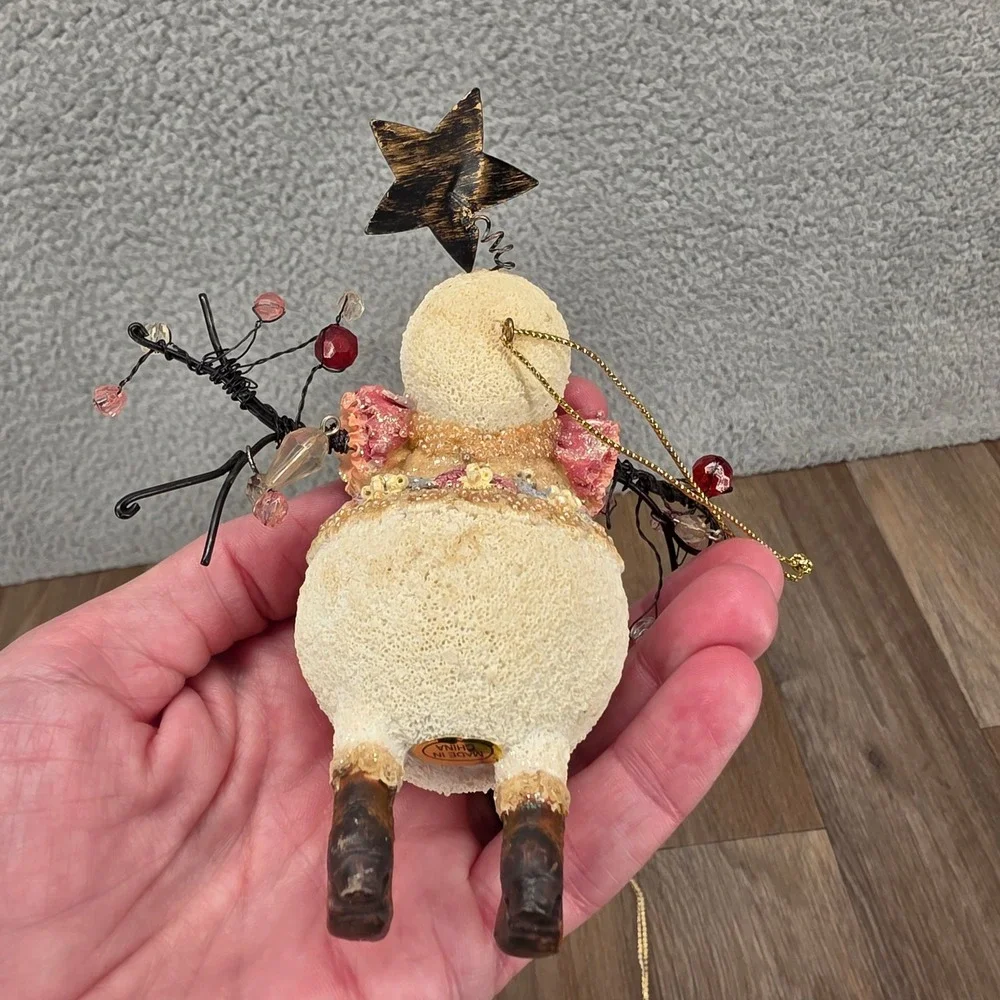 Vintage Pink‎ Velvet Drop Snowman & Beaded Apple Christmas Ornaments Set of 4